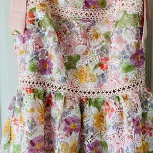 Tiered Floral Lace Dress - Pink, Green, Yellow